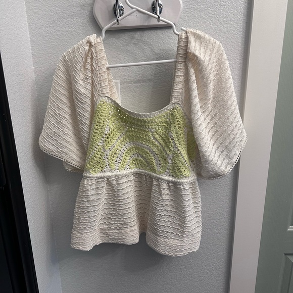 Anthropologie Elegant White and Green Crochet Blouse - Picture 2 of 6